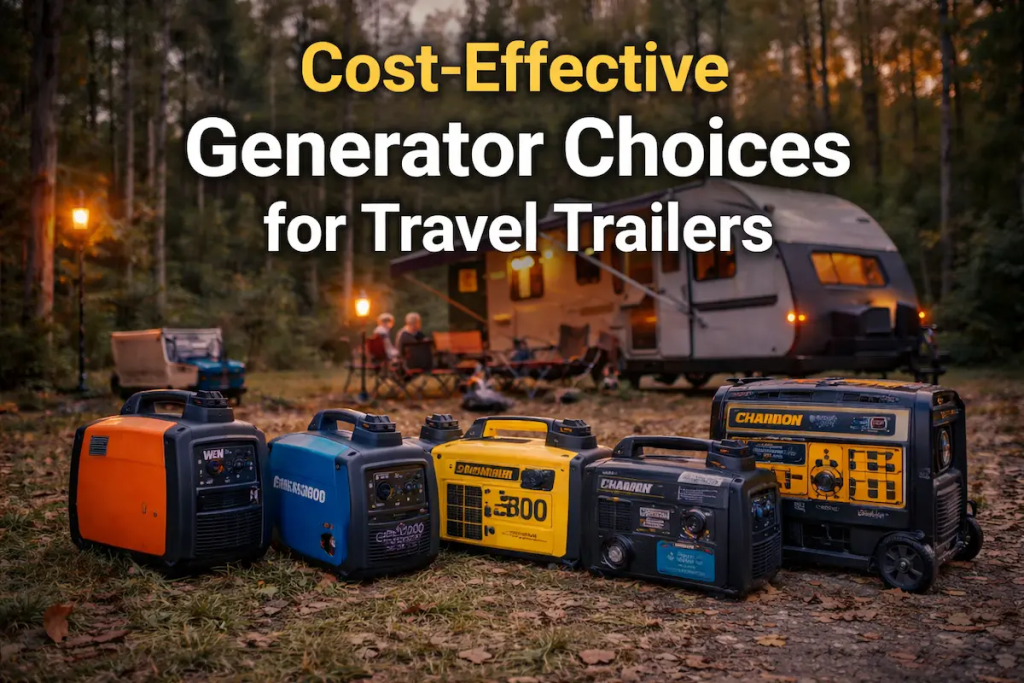 affordable inverter generators powering a travel trailer at a campsite