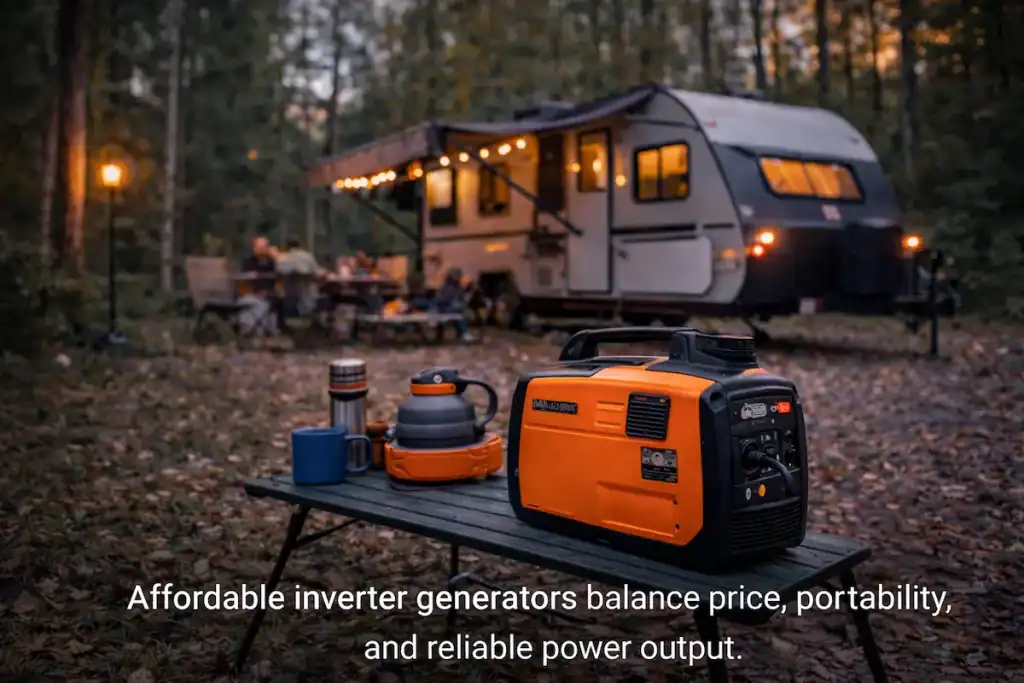 portable budget inverter generator on a camping table near a travel trailer