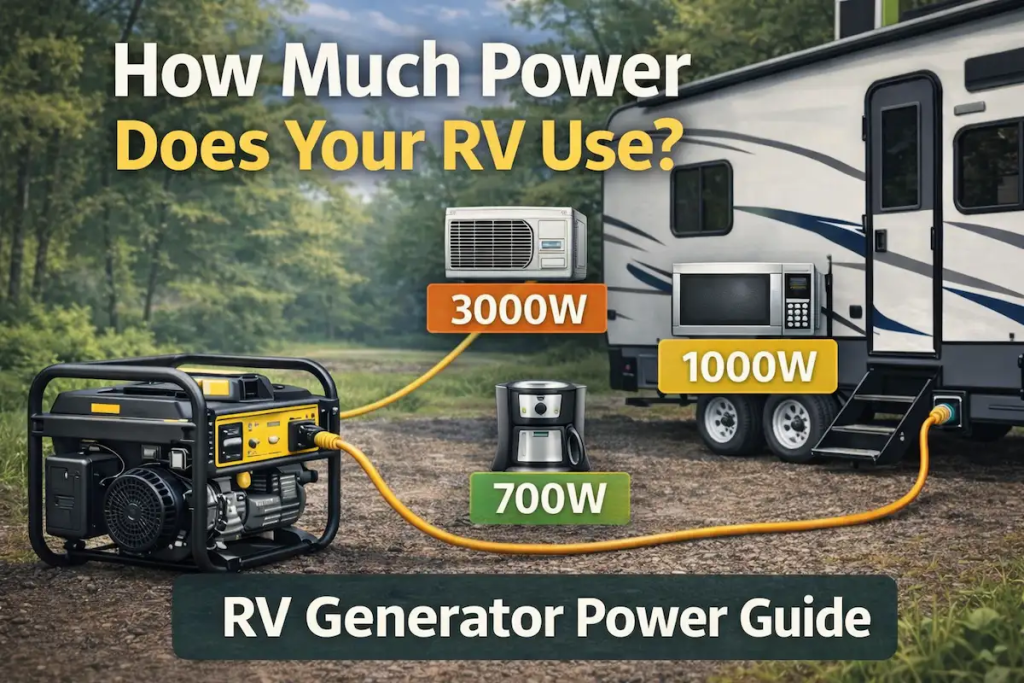 RV generator powering a travel trailer with labels showing wattage of common RV appliances like air conditioner and microwave.