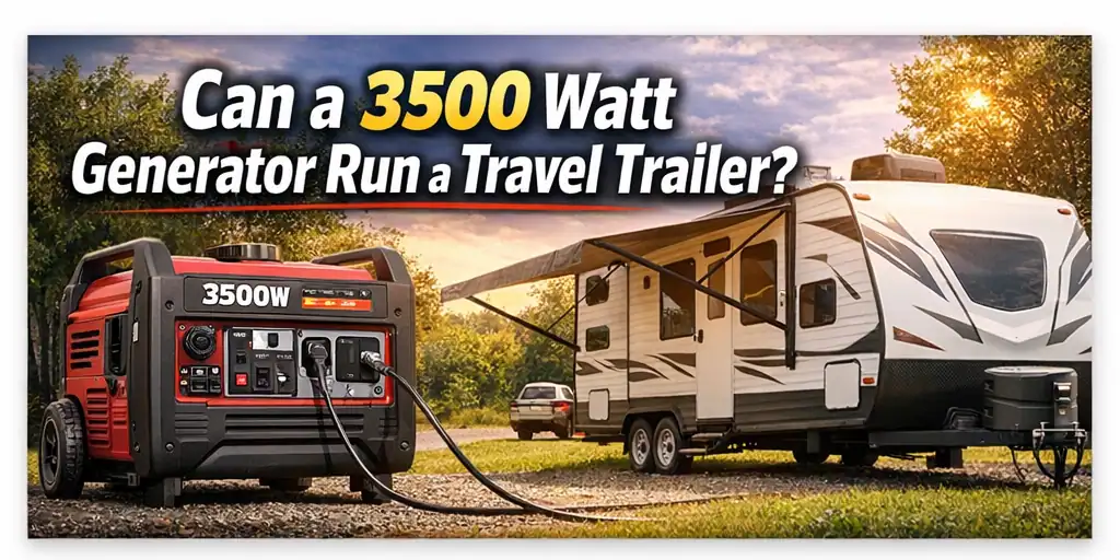 3500 watt inverter generator powering a travel trailer at campground