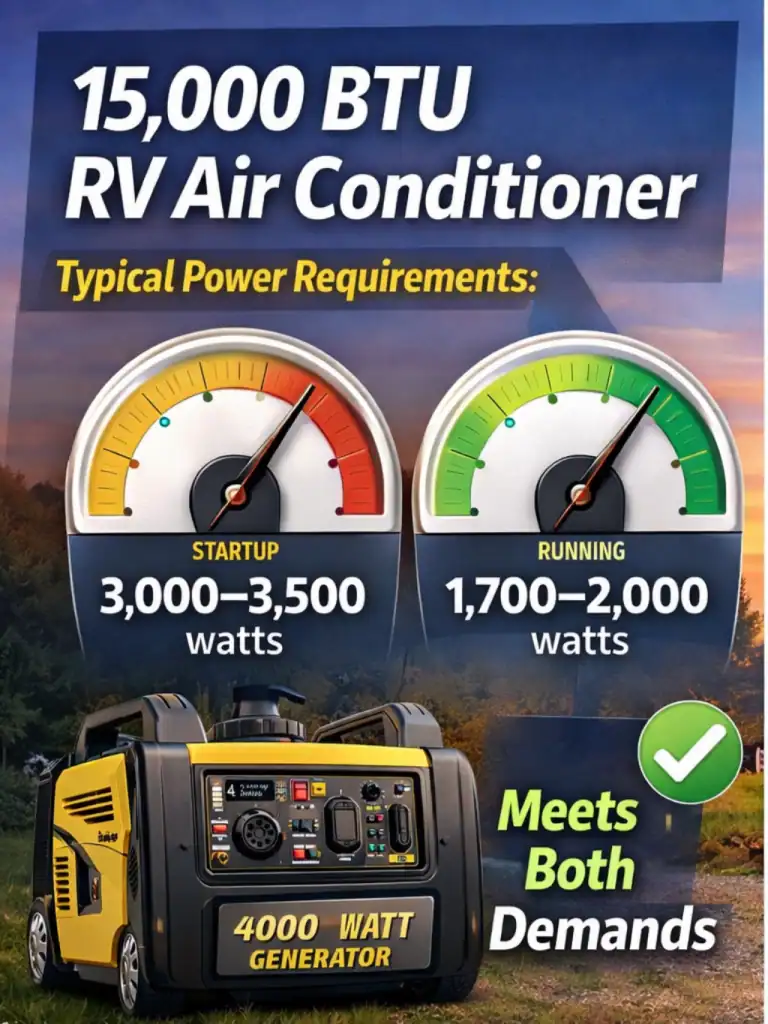 15,000 BTU RV air conditioner startup and running watt requirements when powered by a 4000 watt generator