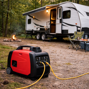 generator powering travel trailer while camping
