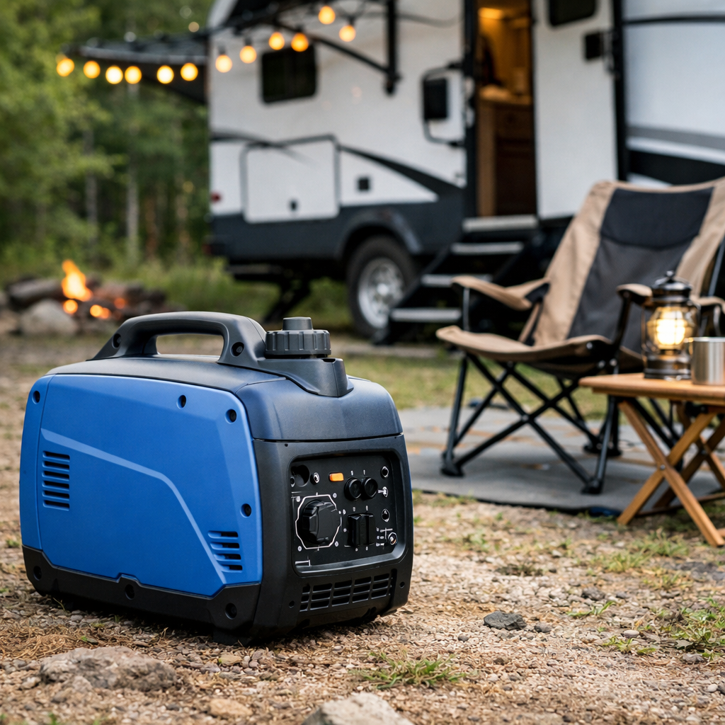 lightweight portable inverter generator at campground beside travel trailer