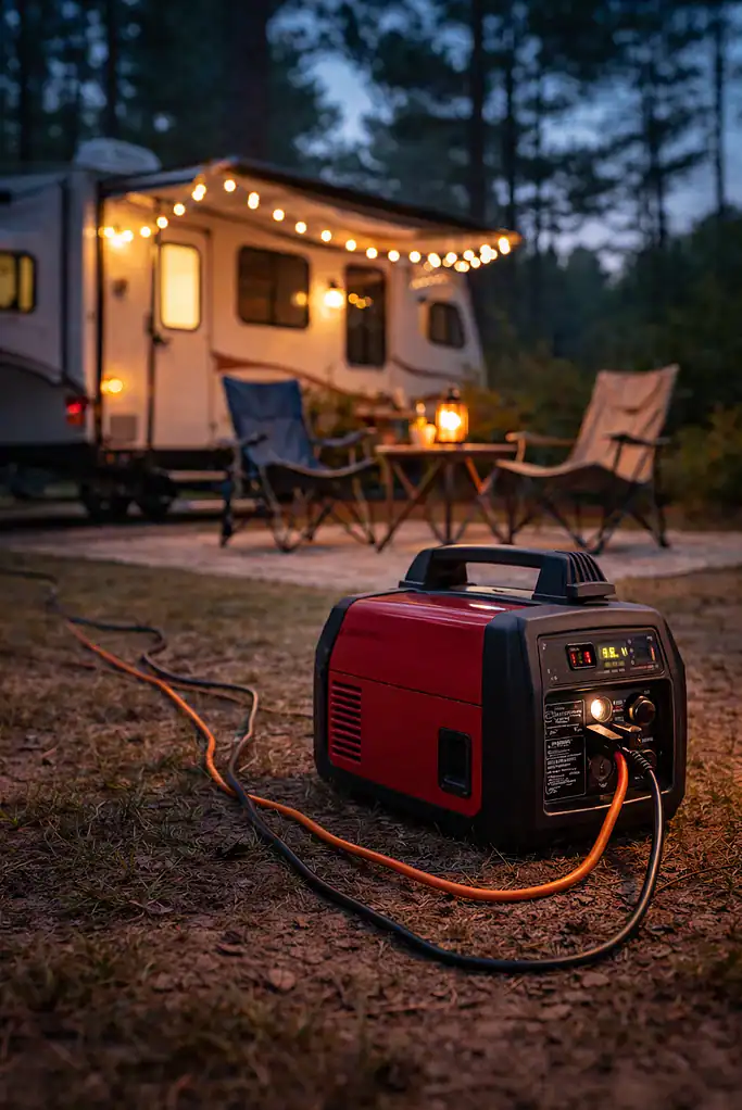 quiet inverter generator connected to travel trailer with extension cord at campsite