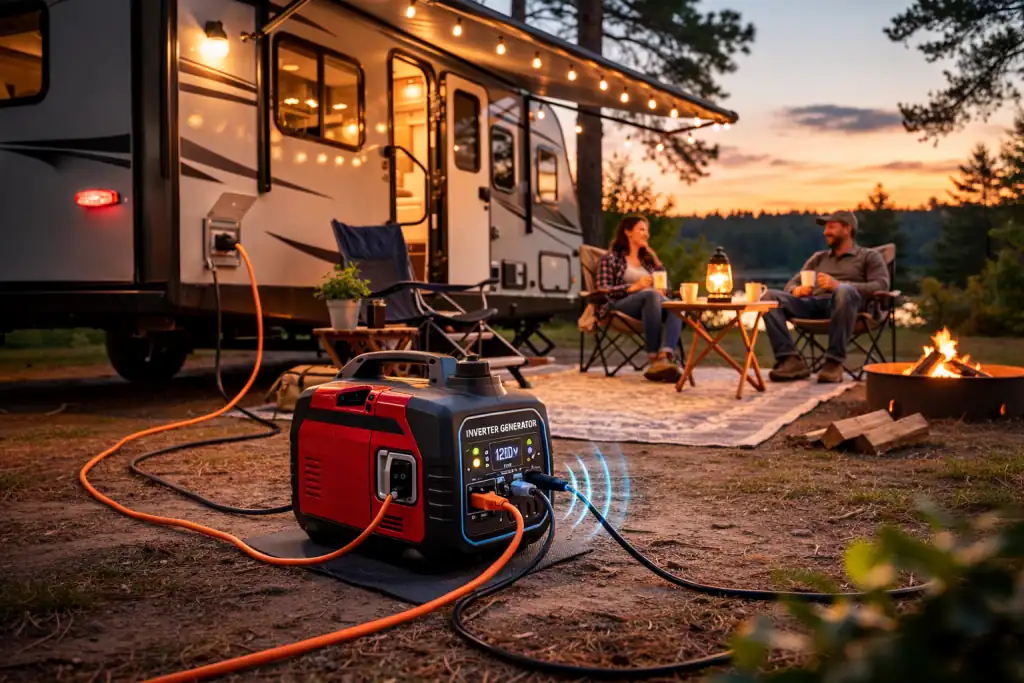 portable inverter generator operating quietly at campsite
