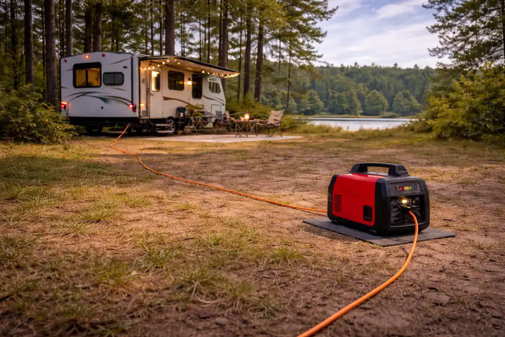 inverter generator placed on soft ground away from RV
