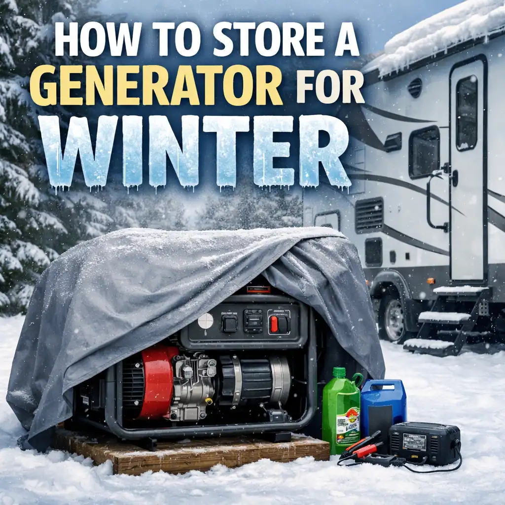 portable generator covered for winter storage beside travel trailer in snow