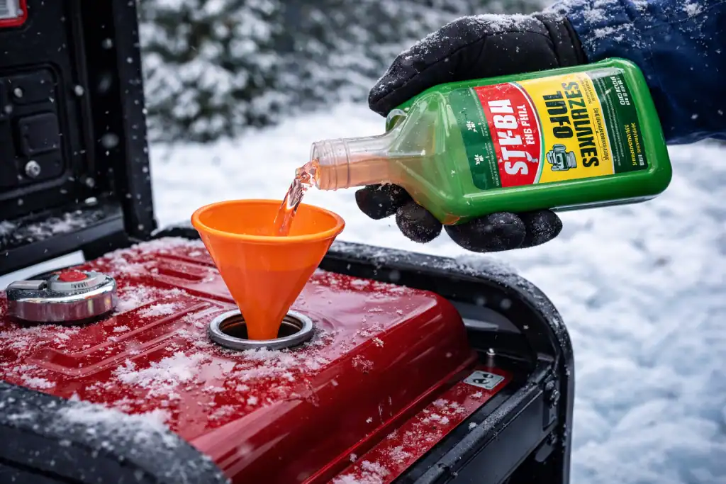 adding fuel stabilizer to portable generator fuel tank before winter storage
