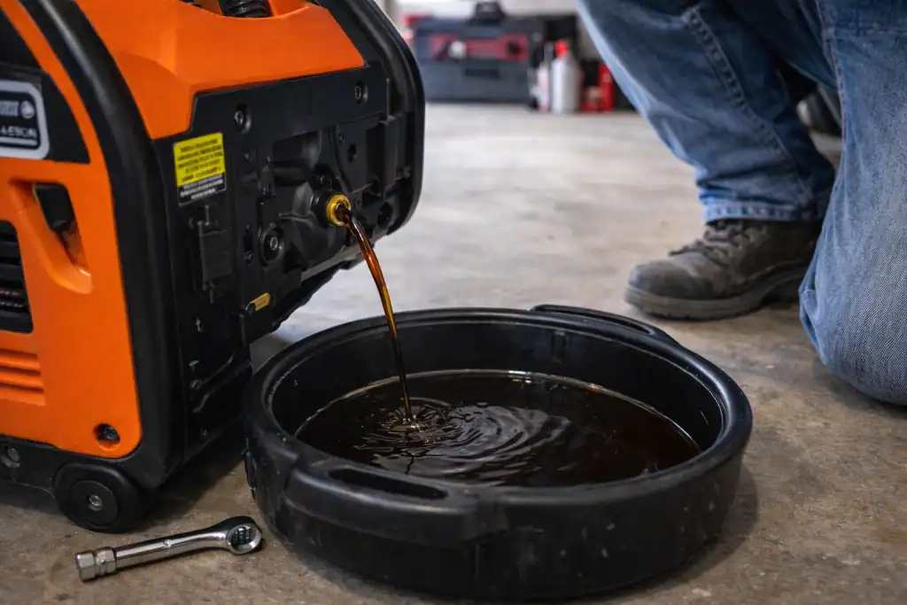 oil draining from portable inverter generator oil drain plug into drain pan in garage
