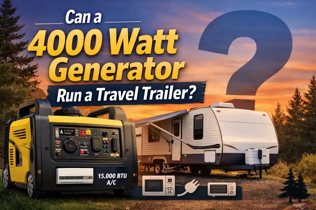 4000 watt generator powering a travel trailer at campsite with 15,000 BTU RV air conditioner