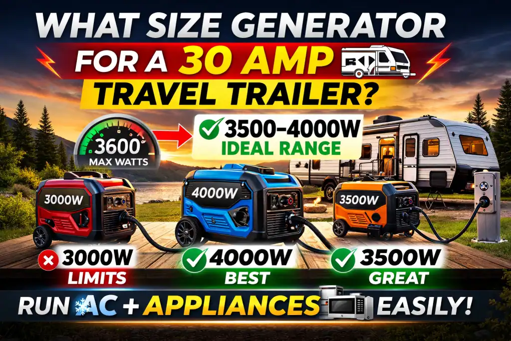3500 to 4000 watt generator size comparison for a 30 amp travel trailer with 3600 watt maximum capacity shown
