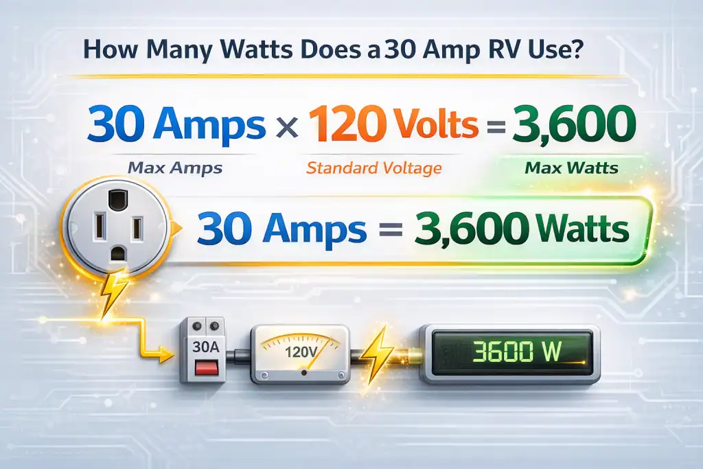 30 amp RV wattage calculation showing 30 amps times 120 volts equals 3600 watts