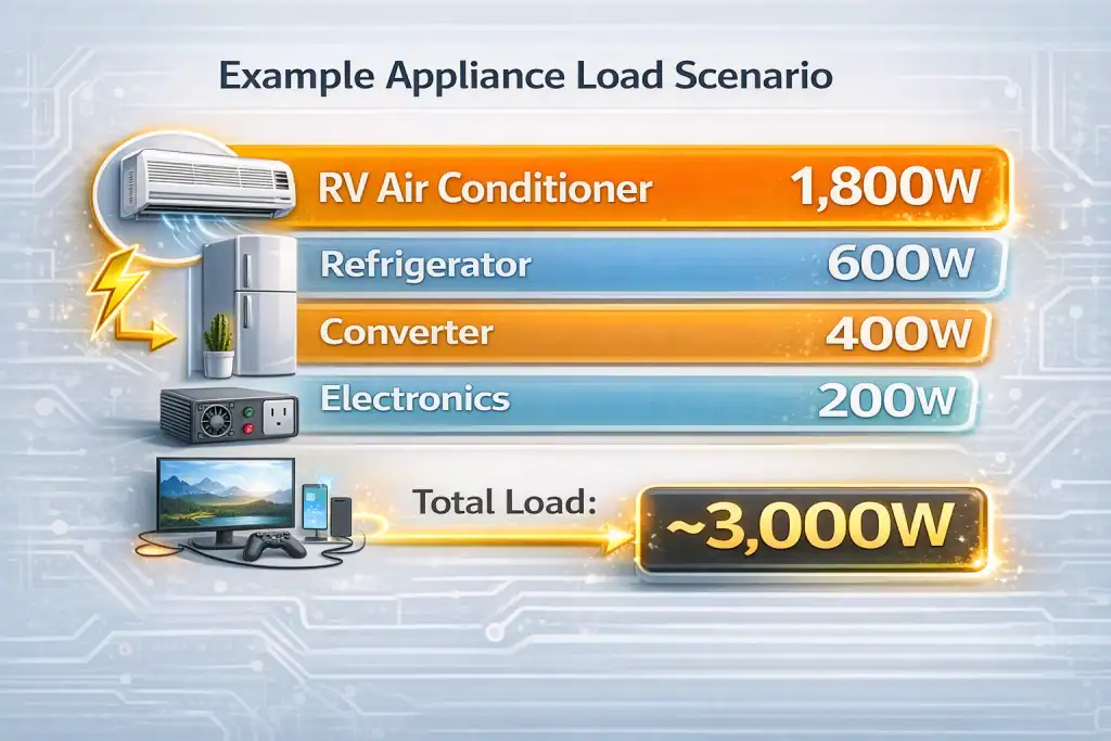 Example appliance load breakdown for a 30 amp travel trailer showing RV air conditioner 1800W, refrigerator 600W, converter 400W, and electronics 200W totaling about 3000 watts