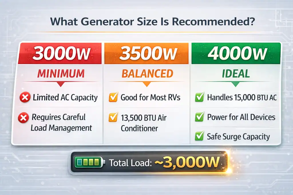 3000W vs 3500W vs 4000W generator size comparison chart for a 30 amp travel trailer showing minimum, balanced, and ideal options