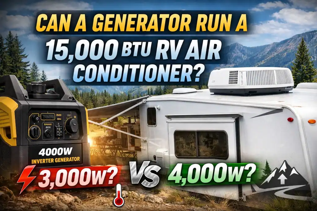 Portable inverter generator powering a travel trailer with 15,000 BTU RV air conditioner at campsite, comparing 3000W vs 4000W output