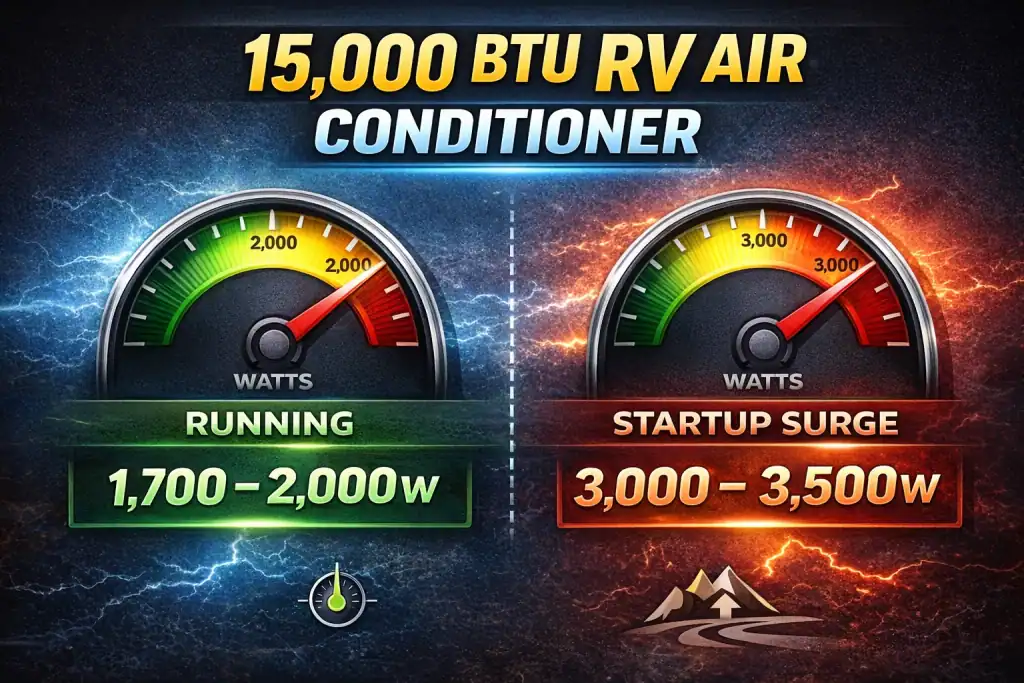 15,000 BTU RV air conditioner running watts and startup surge comparison showing 1700–2000W running and up to 3500W startup