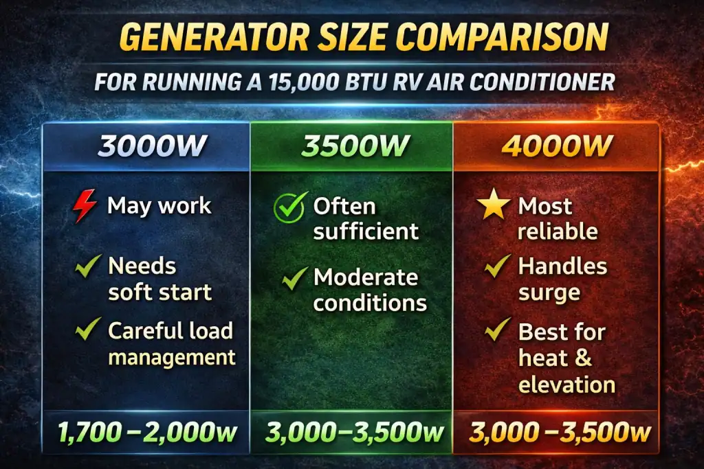3000W vs 3500W vs 4000W generator size comparison chart for running a 15,000 BTU RV air conditioner