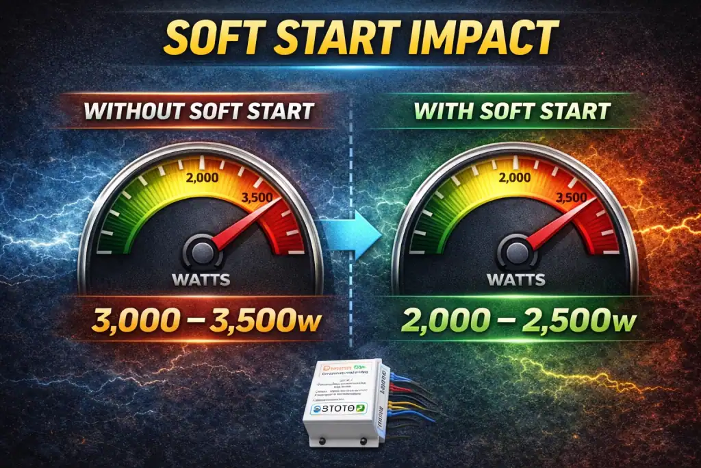 Soft start device reducing startup surge of 15,000 BTU RV air conditioner from 3500 watts to around 2500 watts