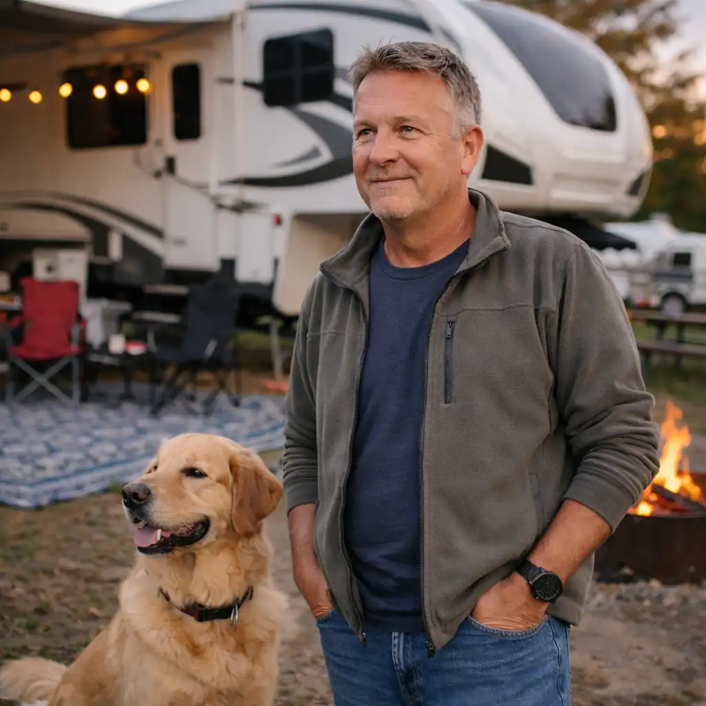 Michael at a campsite with his fifth wheel camper and dog during sunset