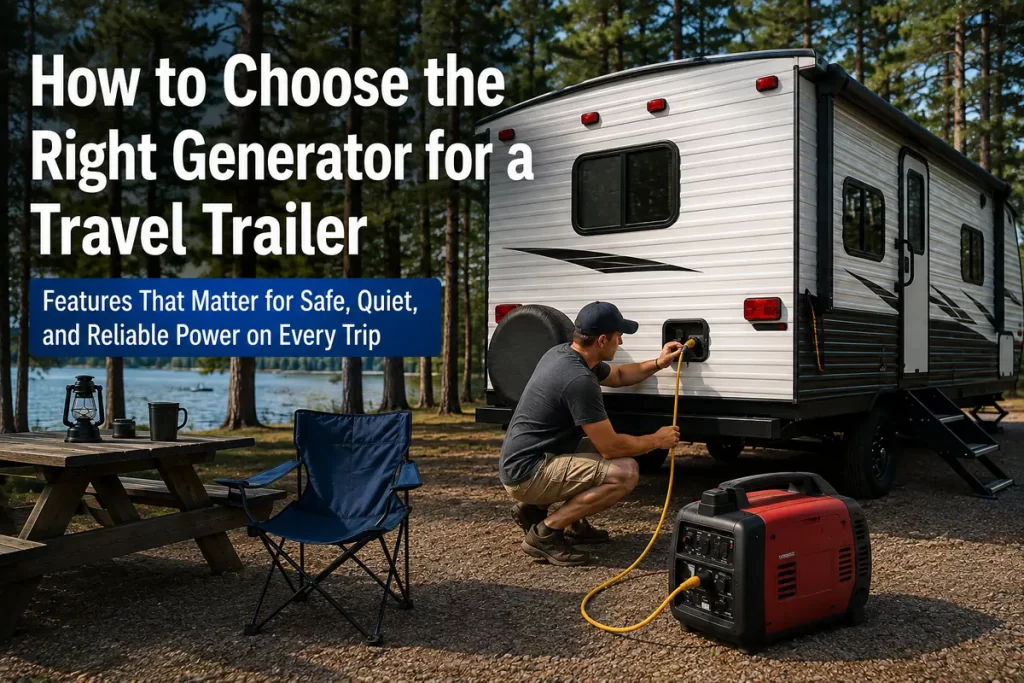 Portable inverter generator powering a travel trailer at a campsite