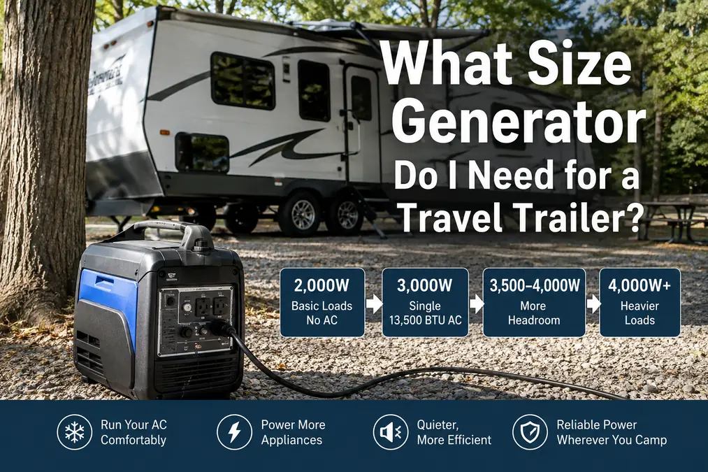 Travel trailer with portable generator showing recommended generator sizes