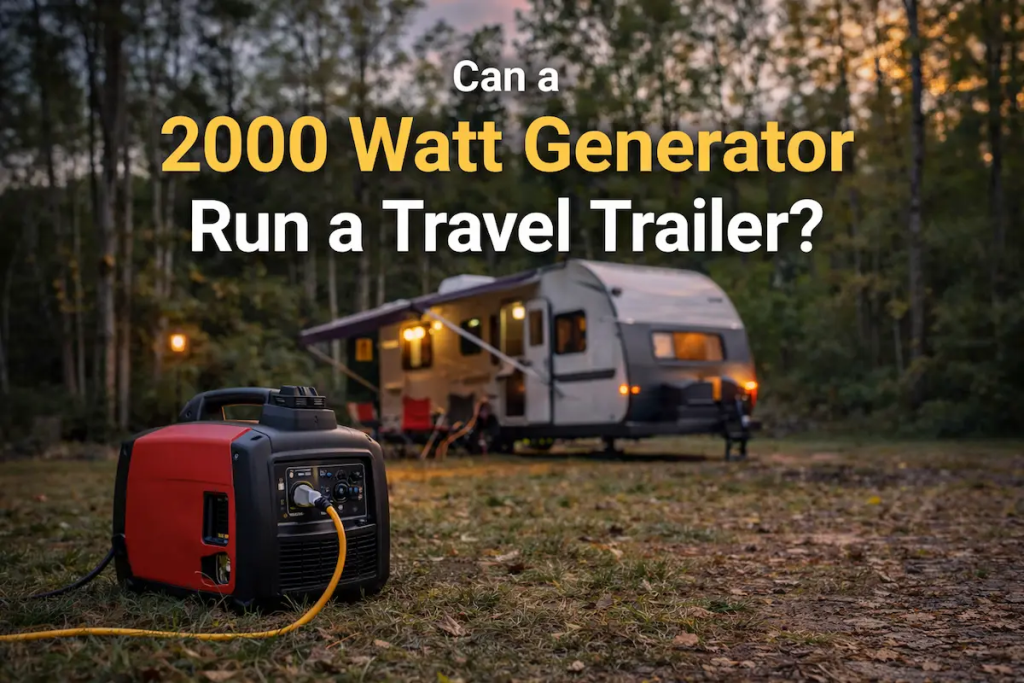 portable 2000 watt inverter generator connected to a travel trailer