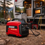 2000 watt inverter generator running beside small travel trailer at campsite