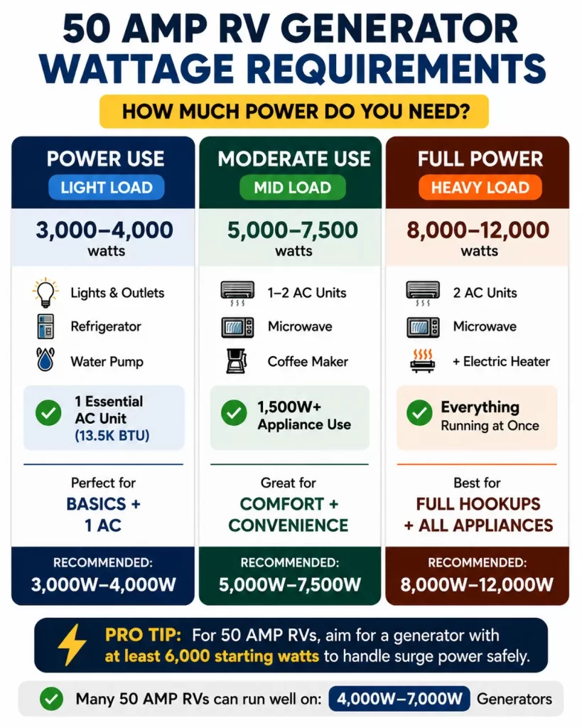 50 amp RV generator wattage requirements showing recommended generator sizes for light, moderate, and full power use