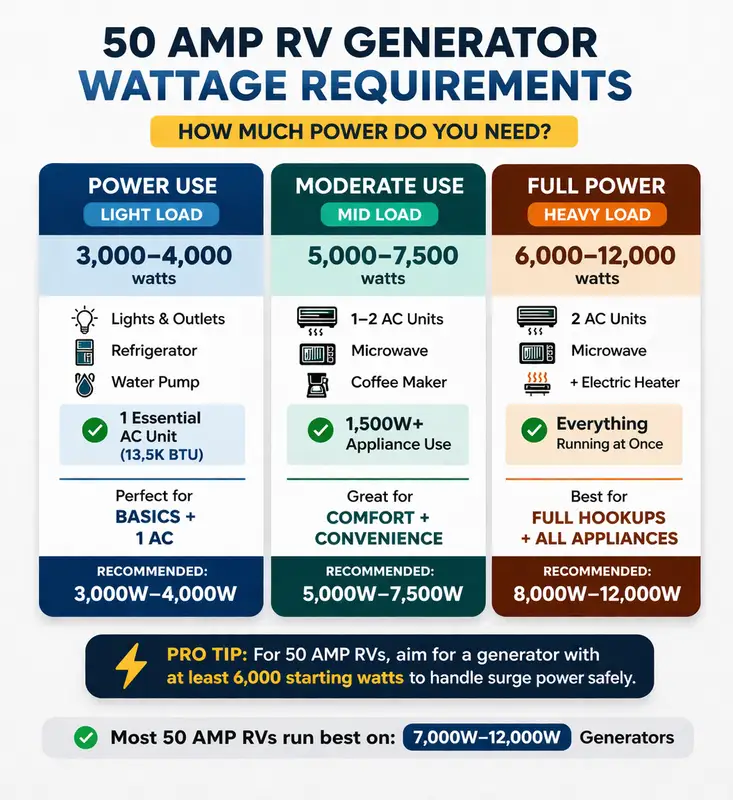 50 amp RV generator wattage guide showing light, moderate, and full power usage levels