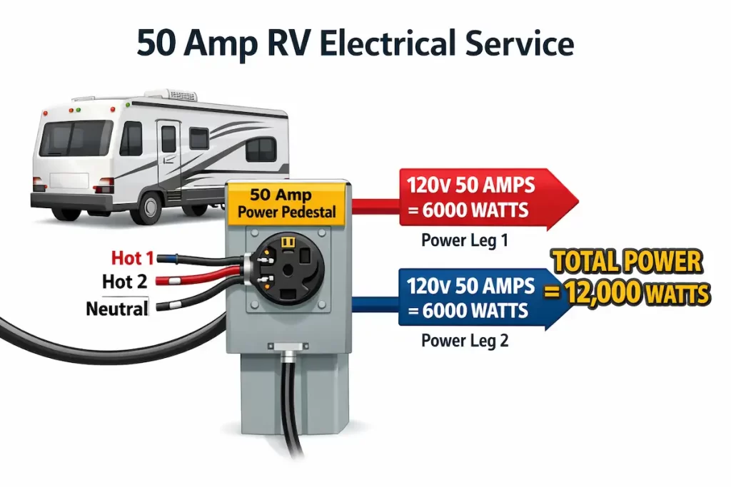 50 amp RV electrical service diagram showing two 120V power legs