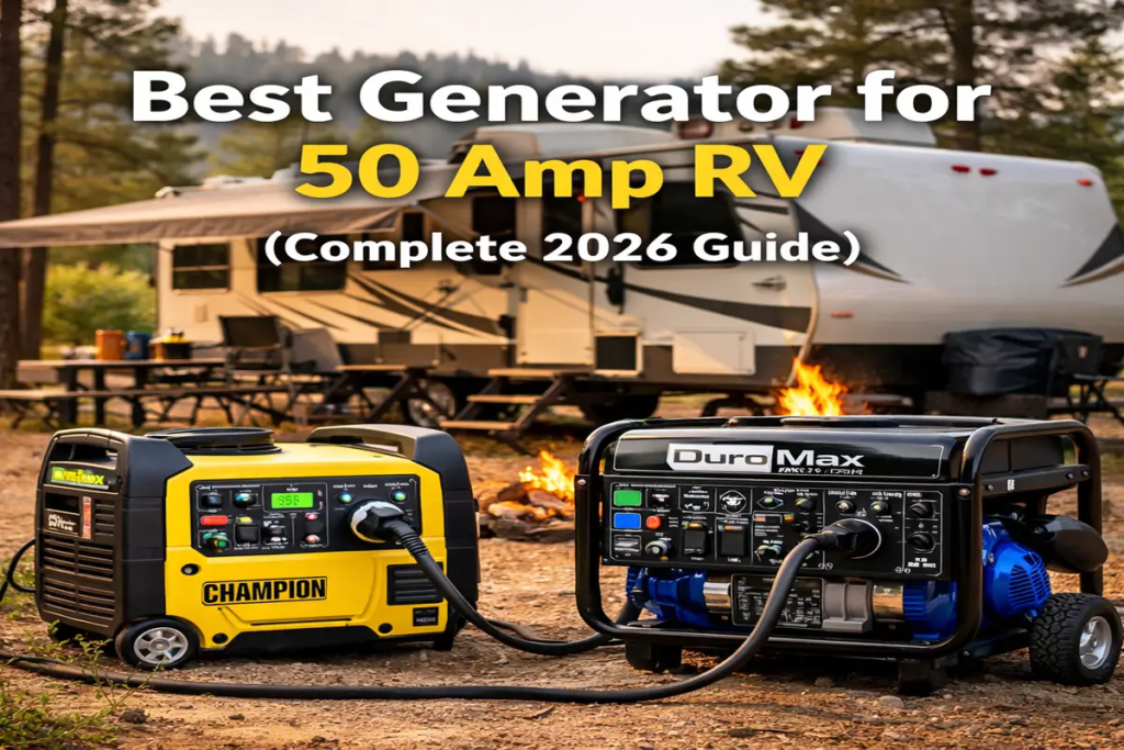 Best generator for 50 amp RV powering camper with inverter and open frame generators at campsite