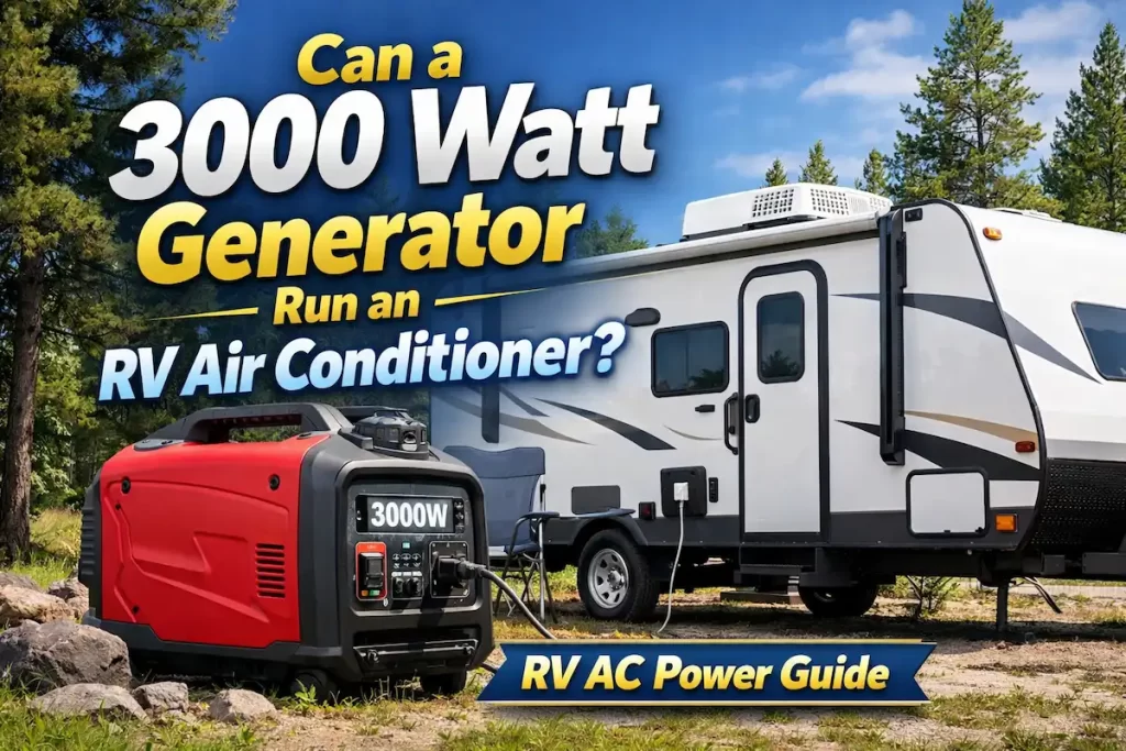 3000 watt generator running an RV air conditioner at a campsite
