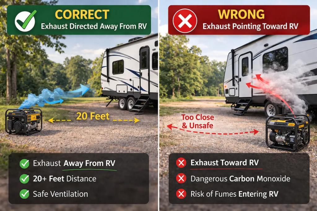 Portable generator exhaust direction safety diagram showing correct placement away from a travel trailer and incorrect placement pointing toward the RV.