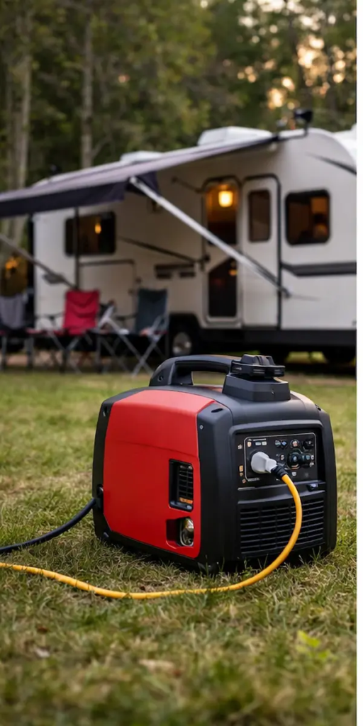 portable generator powering a travel trailer at a campsite