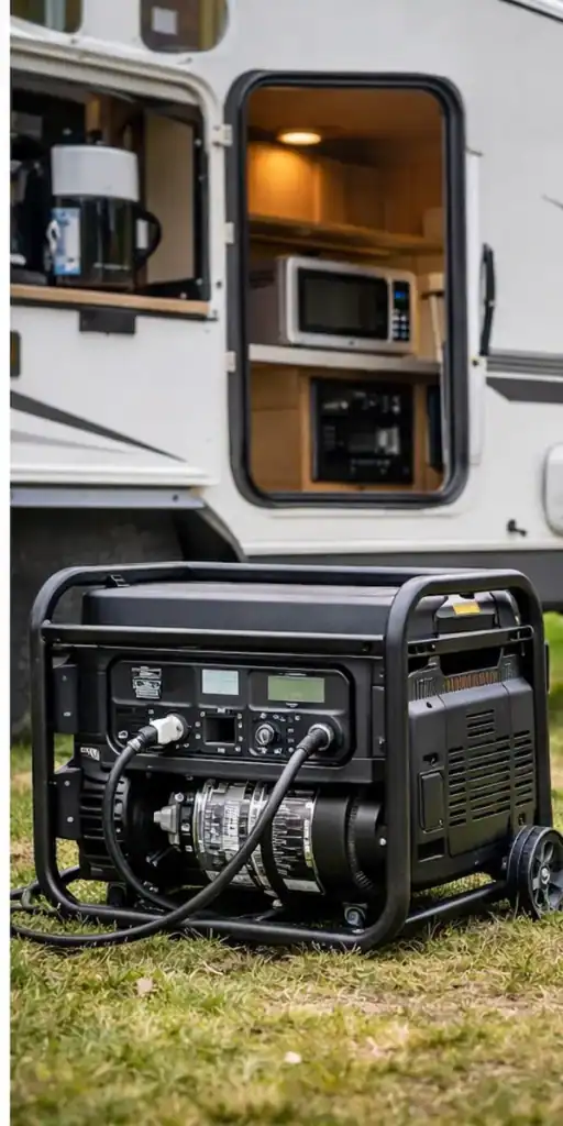 portable generator supplying power to travel trailer appliances
