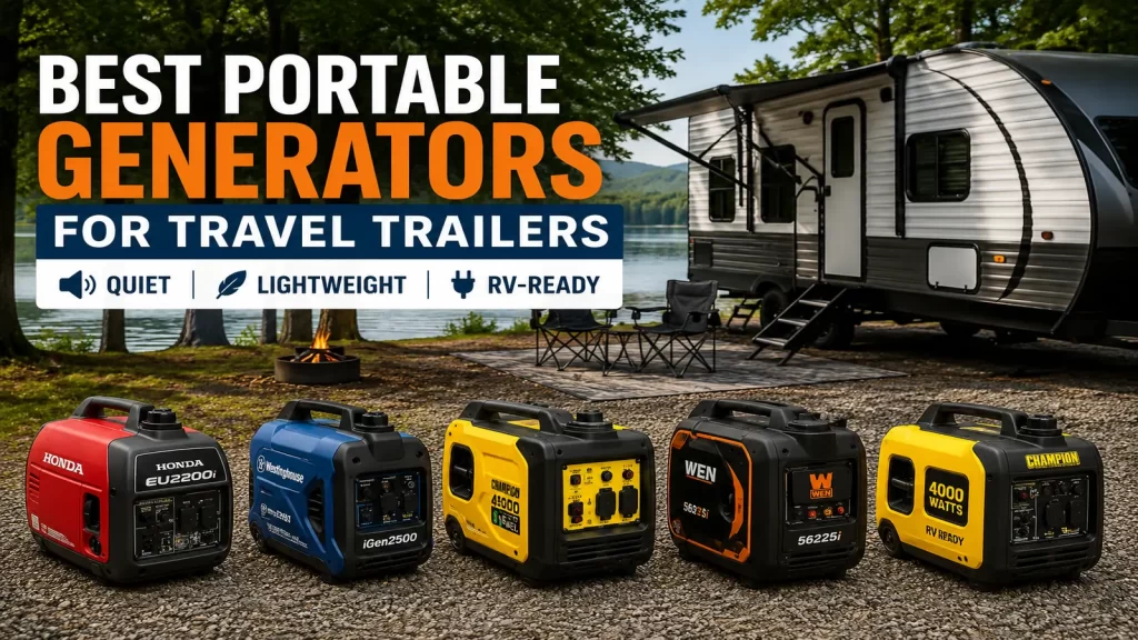 Five portable inverter generators displayed in front of a travel trailer at a lakeside campground, illustrating the best quiet and lightweight generators for RV and travel trailer camping.