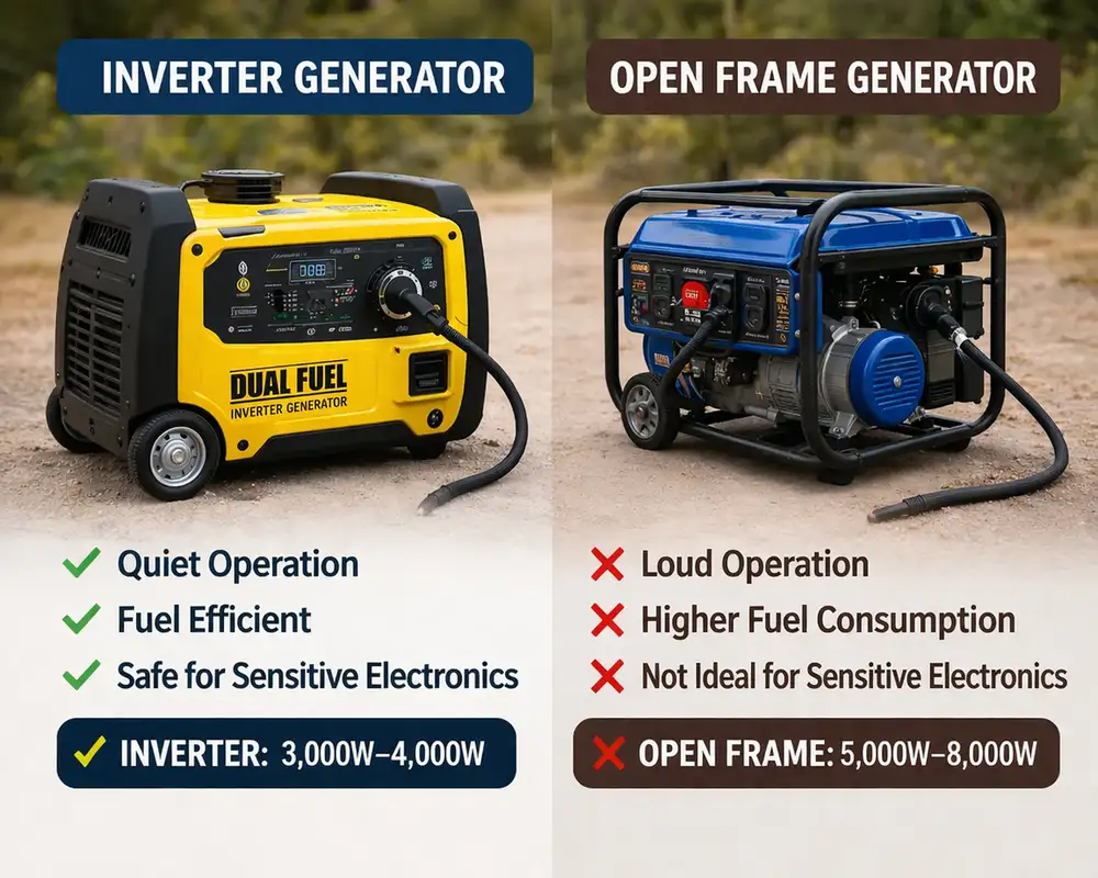 inverter vs open frame generator comparison showing noise, power, and efficiency differences