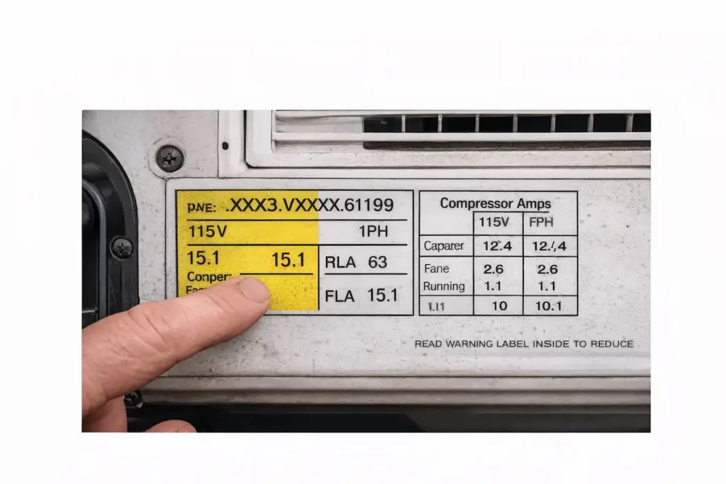 RV air conditioner rating label showing BTU size and power requirements