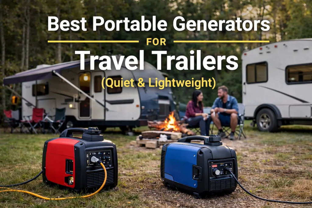 portable inverter generators powering travel trailers at a campsite