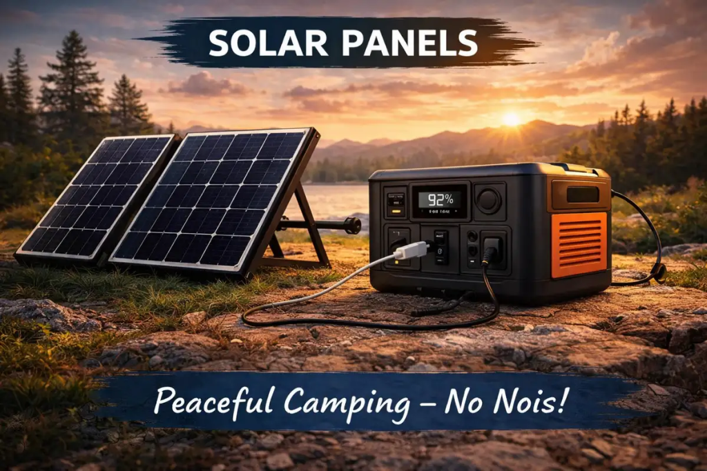 portable solar generator with solar panels camping setup