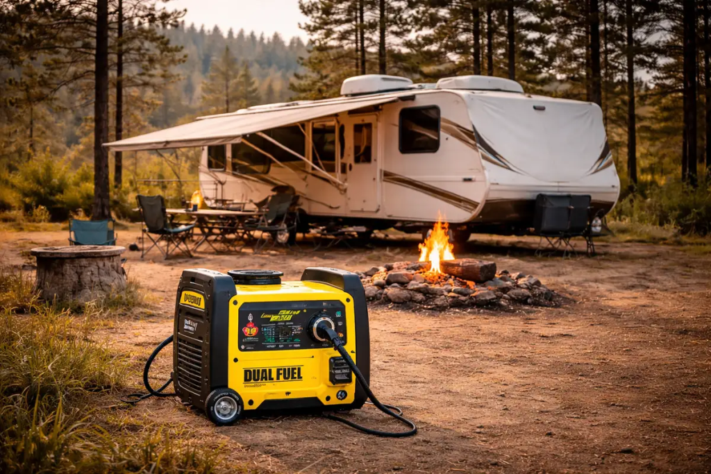 generator powering 50 amp RV at campsite with travel trailer and outdoor setup
