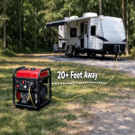 generator placed safely 20 feet away from travel trailer campsite