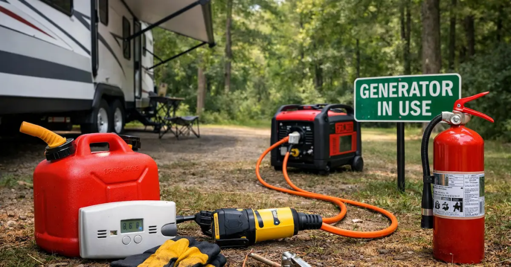 Portable generator safely running 20 feet from a travel trailer at a campsite with surge protector, fuel container, and safety equipment.