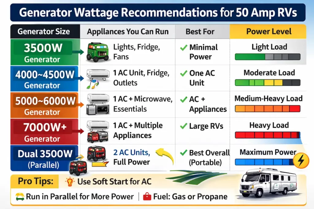 generator wattage recommendations for 50 amp RVs