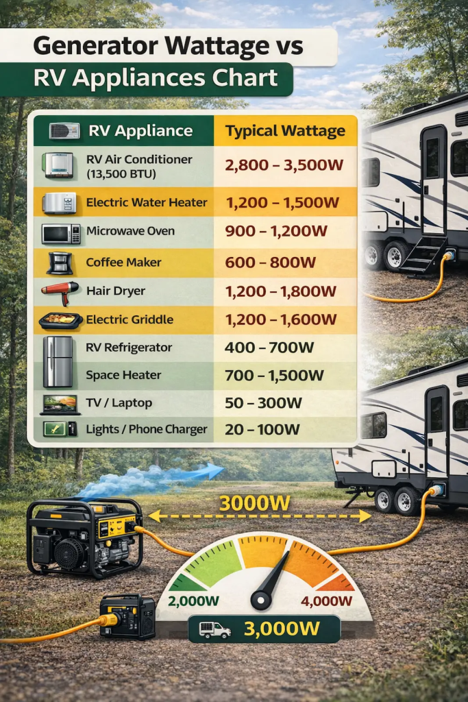 Generator wattage chart showing typical power requirements for common RV appliances including air conditioner, microwave, coffee maker, and refrigerator.