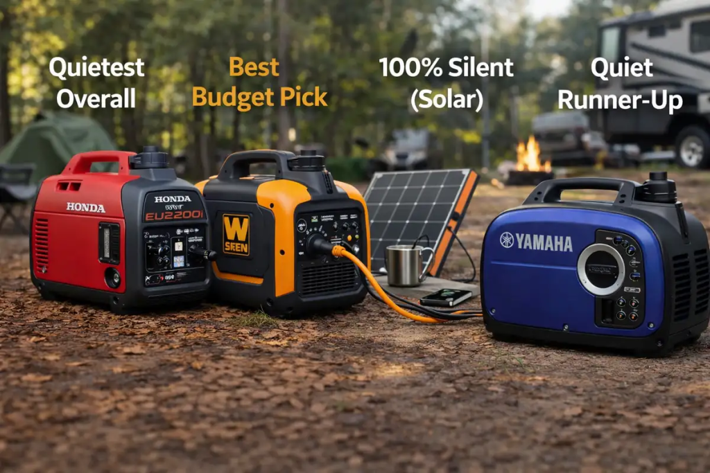 Quietest generators for camping including Honda EU2200i, WEN 56203i, Jackery solar generator, and Yamaha EF2000iSv2 at campsite