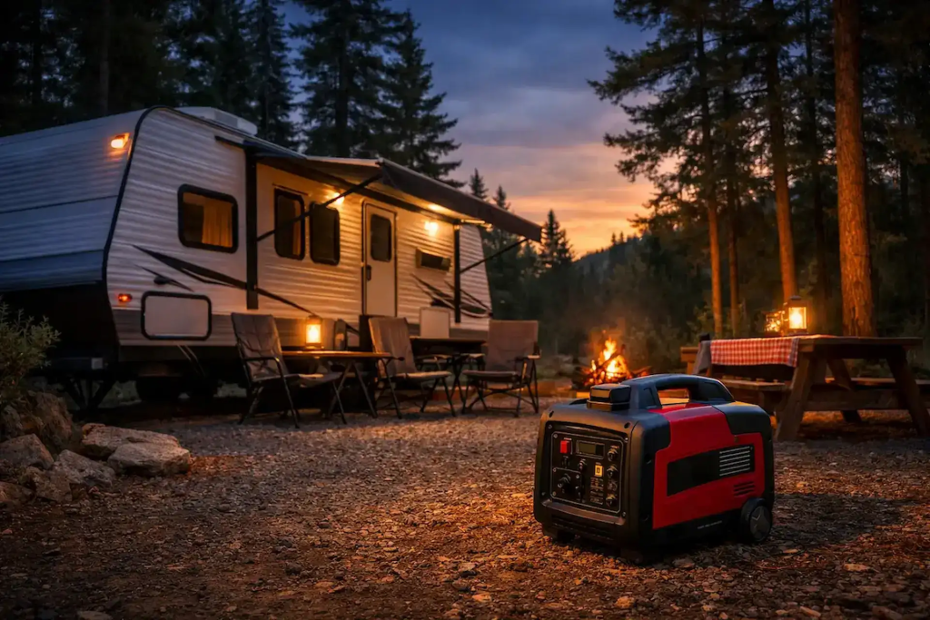 portable generator powering travel trailer campsite at sunset