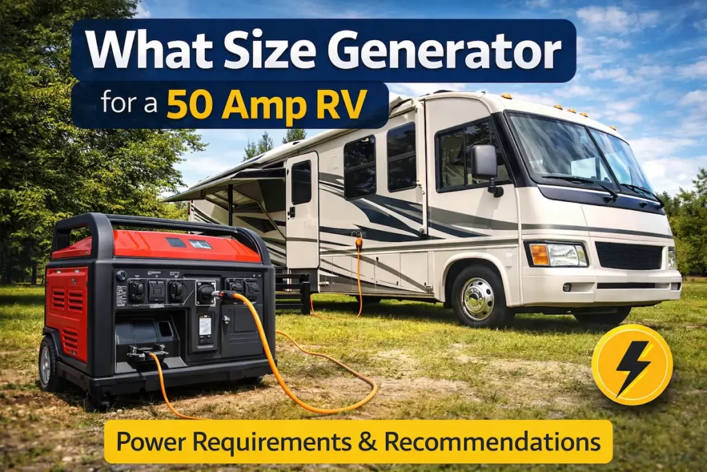 portable generator powering a 50 amp RV showing generator size requirements for large RVs