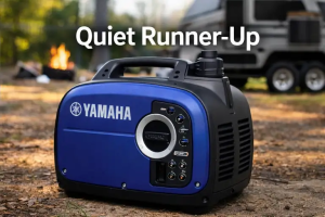 Yamaha EF2000iSv2 quiet inverter generator at campsite – reliable low-noise generator for camping