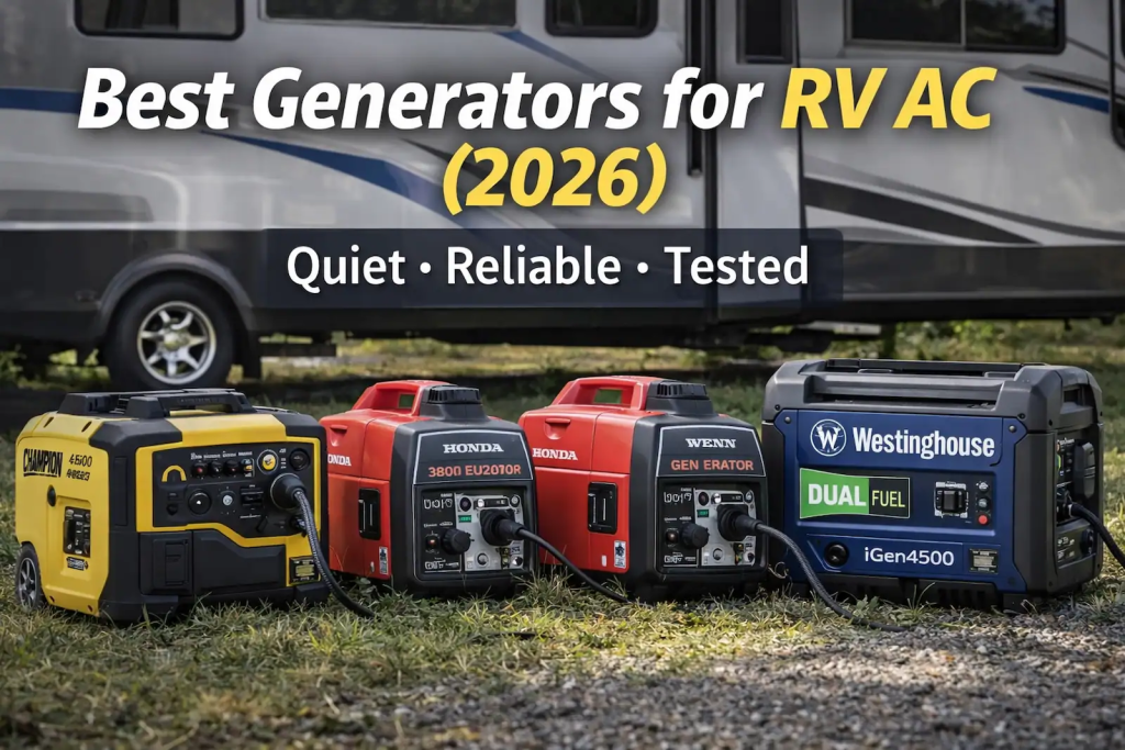 best generators for RV air conditioner including Champion Honda WEN and Westinghouse models for quiet reliable power